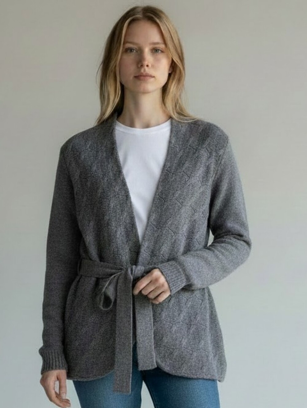 A. Giannetti 100% Merino Wool Gray Belted Cable-Knit Cardigan.